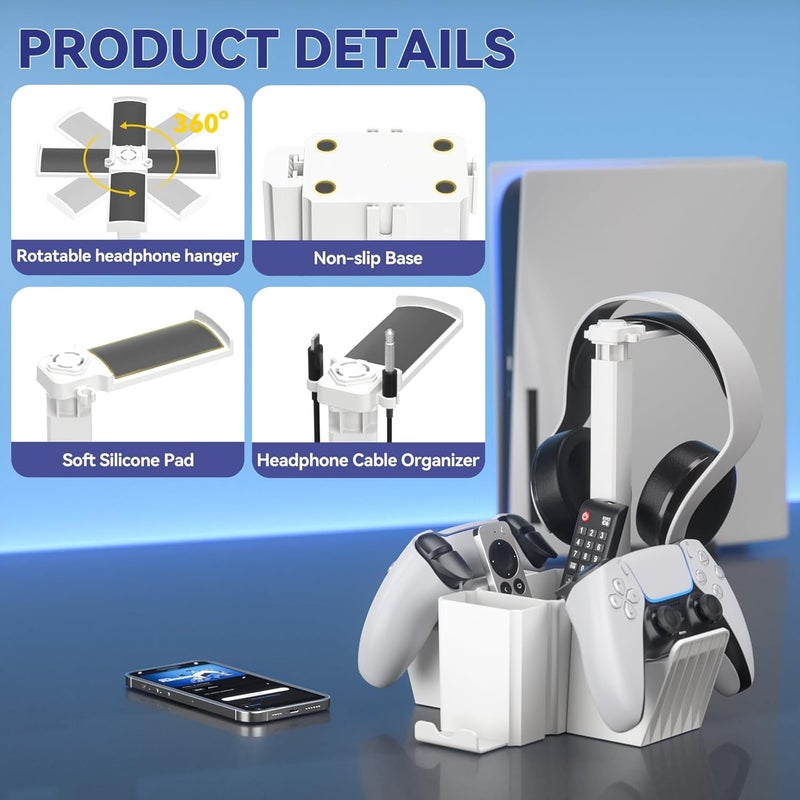 KDD Dual Controller Holder with Headphone Stand - Multi-Functional Desk Storage Box with Phone Holder - Universal Controller Stand with Desktop Organizer for Remote Control Pen Accessories(White) - Image 5